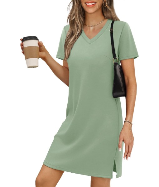 RUMIA Summer Casual Dresses for Women 2025 Vacation Dress V-Neck Short Sleeve Split Hem Beach Sundress