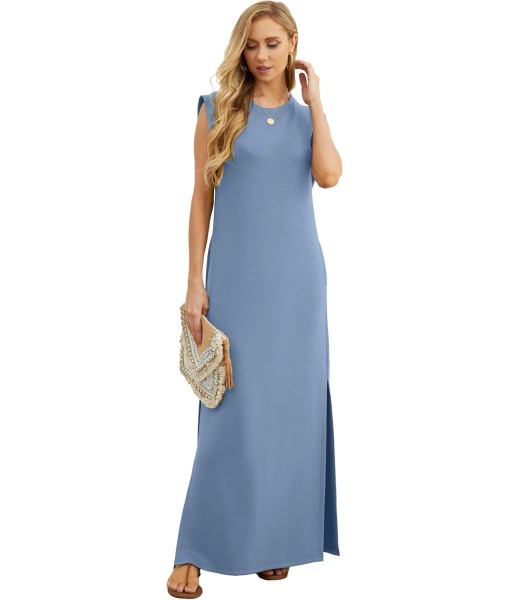 GRECERELLE 2025 Women Year-Round Casual Round Neck Loose Split Wrinkle-Free Long Maxi Vacation Dress with Pockets (XS-3XL)