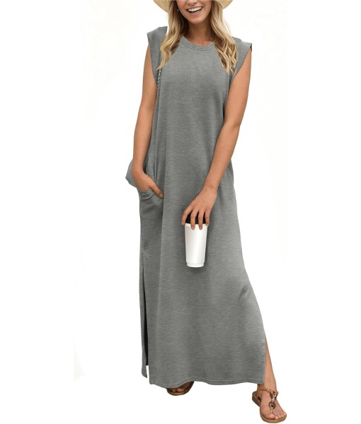 GRECERELLE 2025 Women Year-Round Casual Round Neck Loose Split Wrinkle-Free Long Maxi Vacation Dress with Pockets (XS-3XL)