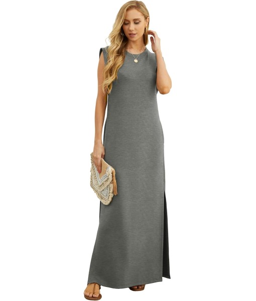 GRECERELLE 2025 Women Year-Round Casual Round Neck Loose Split Wrinkle-Free Long Maxi Vacation Dress with Pockets (XS-3XL)