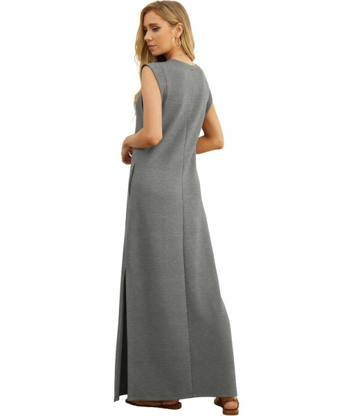 GRECERELLE 2025 Women Year-Round Casual Round Neck Loose Split Wrinkle-Free Long Maxi Vacation Dress with Pockets (XS-3XL)