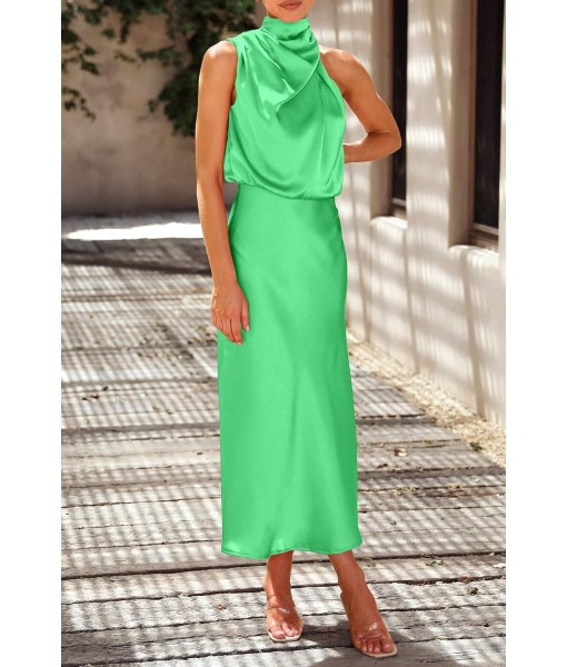 PRETTYGARDEN Women's 2025 Summer Satin Dress Elegant Sleeveless Mock Neck Cocktail Party Maxi Dresses