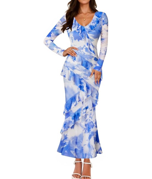ZESICA Women's Fall Floral Long Sleeve Maxi Dress 2025 Boho Bodycon V Neck Ruffle Wedding Party Long Dresses