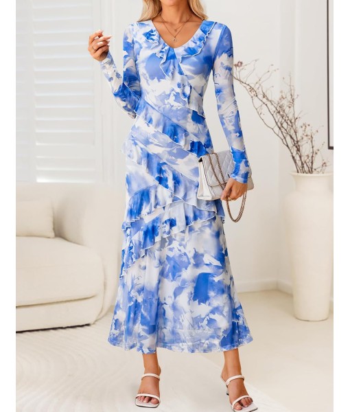 ZESICA Women's Fall Floral Long Sleeve Maxi Dress 2025 Boho Bodycon V Neck Ruffle Wedding Party Long Dresses