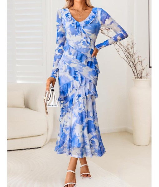 ZESICA Women's Fall Floral Long Sleeve Maxi Dress 2025 Boho Bodycon V Neck Ruffle Wedding Party Long Dresses