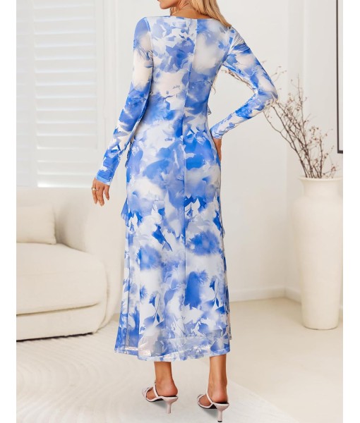 ZESICA Women's Fall Floral Long Sleeve Maxi Dress 2025 Boho Bodycon V Neck Ruffle Wedding Party Long Dresses