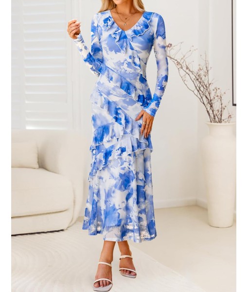 ZESICA Women's Fall Floral Long Sleeve Maxi Dress 2025 Boho Bodycon V Neck Ruffle Wedding Party Long Dresses