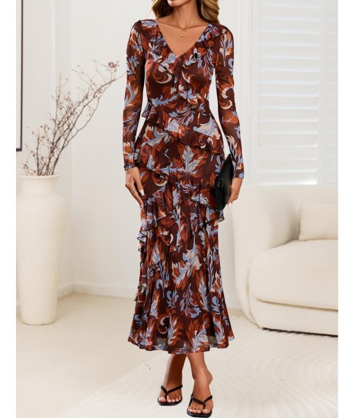 ZESICA Women's Fall Floral Long Sleeve Maxi Dress 2025 Boho Bodycon V Neck Ruffle Wedding Party Long Dresses