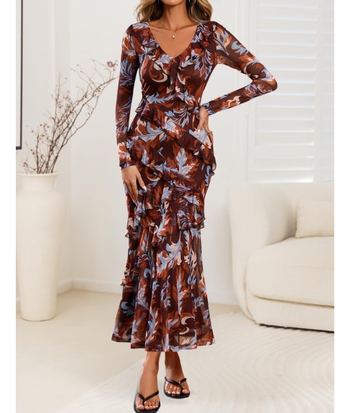 ZESICA Women's Fall Floral Long Sleeve Maxi Dress 2025 Boho Bodycon V Neck Ruffle Wedding Party Long Dresses