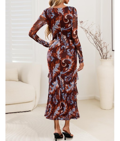 ZESICA Women's Fall Floral Long Sleeve Maxi Dress 2025 Boho Bodycon V Neck Ruffle Wedding Party Long Dresses