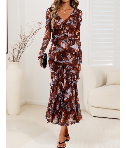 ZESICA Women's Fall Floral Long Sleeve Maxi Dress 2025 Boho Bodycon V Neck Ruffle Wedding Party Long Dresses