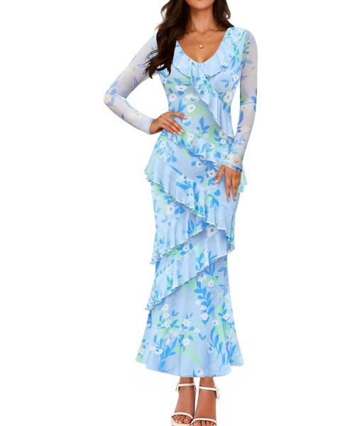ZESICA Women's Fall Floral Long Sleeve Maxi Dress 2025 Boho Bodycon V Neck Ruffle Wedding Party Long Dresses