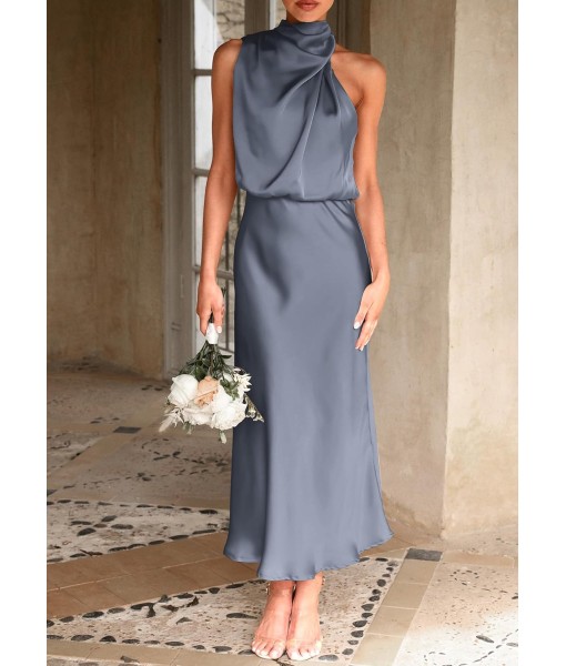 PRETTYGARDEN Women's 2025 Summer Satin Dress Elegant Sleeveless Mock Neck Cocktail Party Maxi Dresses