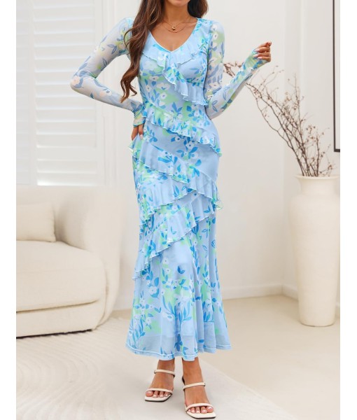 ZESICA Women's Fall Floral Long Sleeve Maxi Dress 2025 Boho Bodycon V Neck Ruffle Wedding Party Long Dresses