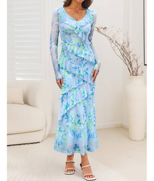 ZESICA Women's Fall Floral Long Sleeve Maxi Dress 2025 Boho Bodycon V Neck Ruffle Wedding Party Long Dresses