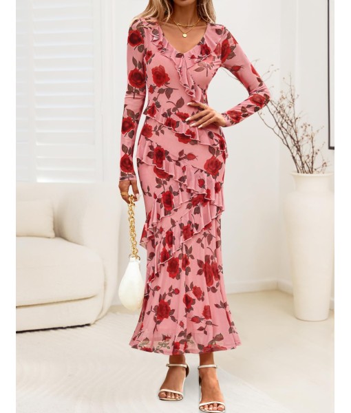 ZESICA Women's Fall Floral Long Sleeve Maxi Dress 2025 Boho Bodycon V Neck Ruffle Wedding Party Long Dresses