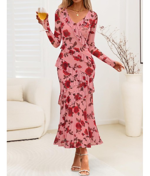 ZESICA Women's Fall Floral Long Sleeve Maxi Dress 2025 Boho Bodycon V Neck Ruffle Wedding Party Long Dresses