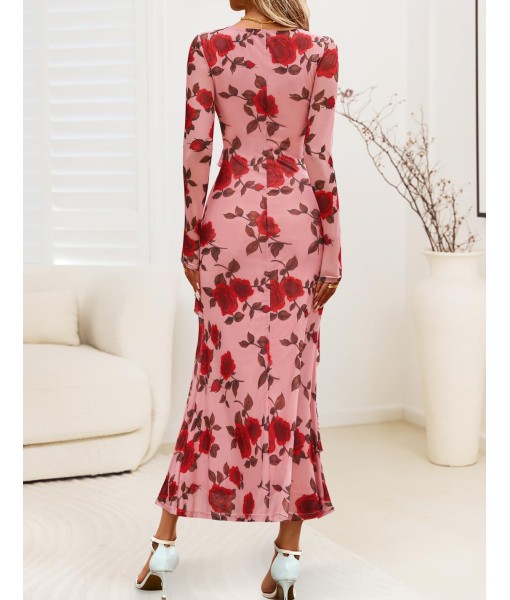 ZESICA Women's Fall Floral Long Sleeve Maxi Dress 2025 Boho Bodycon V Neck Ruffle Wedding Party Long Dresses