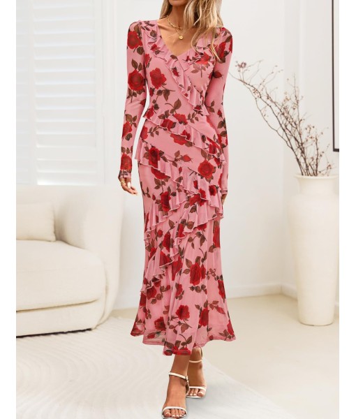 ZESICA Women's Fall Floral Long Sleeve Maxi Dress 2025 Boho Bodycon V Neck Ruffle Wedding Party Long Dresses