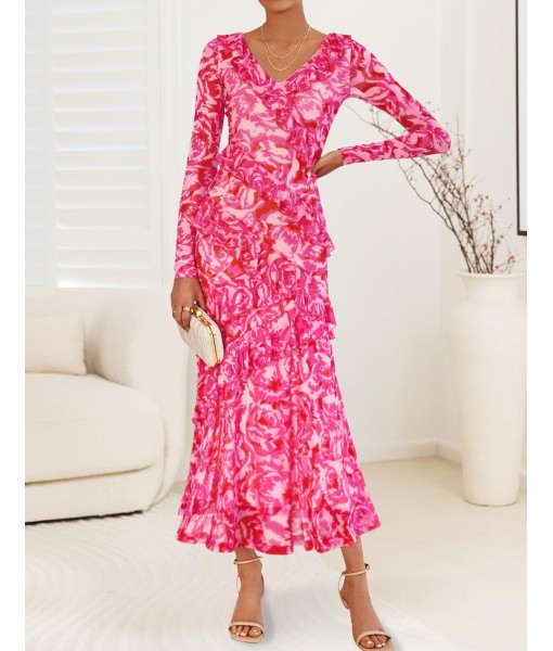 ZESICA Women's Fall Floral Long Sleeve Maxi Dress 2025 Boho Bodycon V Neck Ruffle Wedding Party Long Dresses