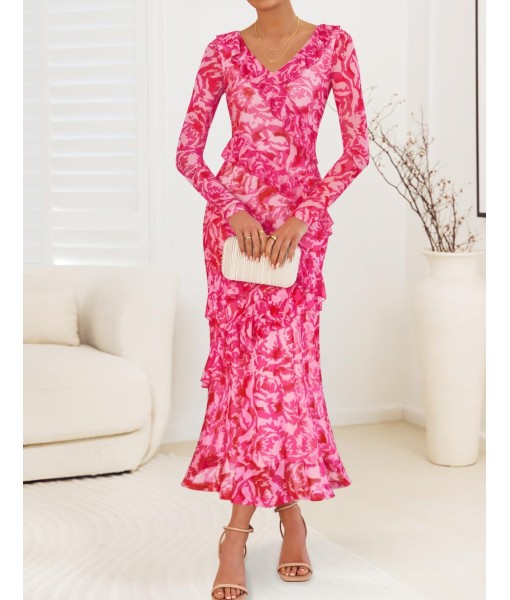 ZESICA Women's Fall Floral Long Sleeve Maxi Dress 2025 Boho Bodycon V Neck Ruffle Wedding Party Long Dresses