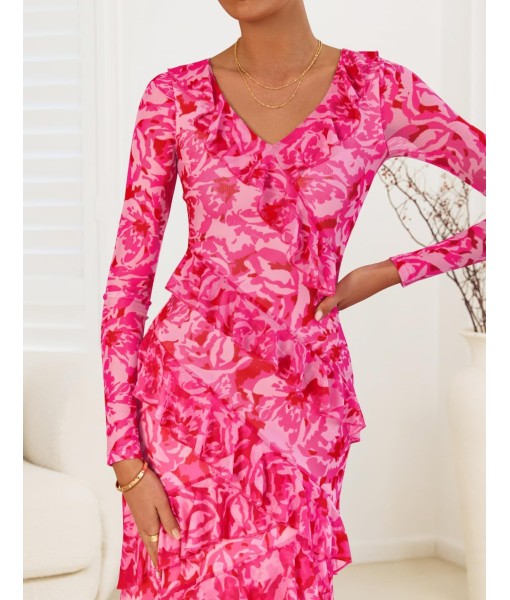 ZESICA Women's Fall Floral Long Sleeve Maxi Dress 2025 Boho Bodycon V Neck Ruffle Wedding Party Long Dresses