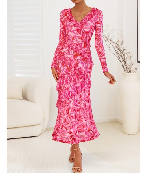 ZESICA Women's Fall Floral Long Sleeve Maxi Dress 2025 Boho Bodycon V Neck Ruffle Wedding Party Long Dresses