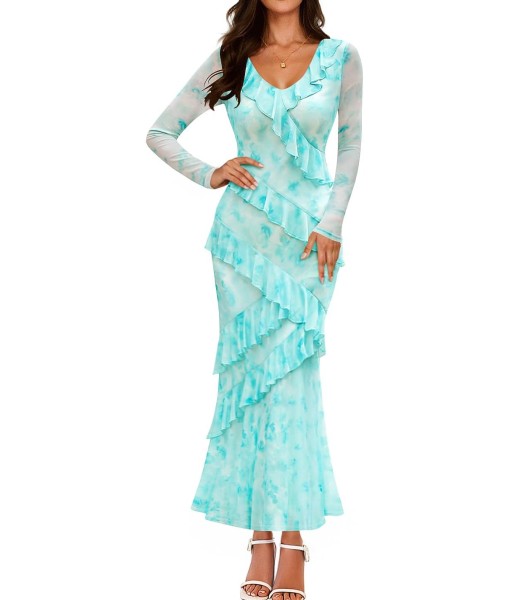 ZESICA Women's Fall Floral Long Sleeve Maxi Dress 2025 Boho Bodycon V Neck Ruffle Wedding Party Long Dresses