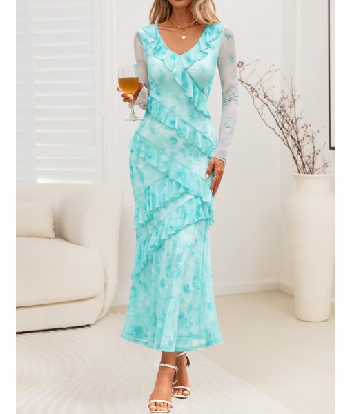 ZESICA Women's Fall Floral Long Sleeve Maxi Dress 2025 Boho Bodycon V Neck Ruffle Wedding Party Long Dresses
