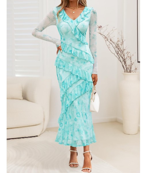 ZESICA Women's Fall Floral Long Sleeve Maxi Dress 2025 Boho Bodycon V Neck Ruffle Wedding Party Long Dresses