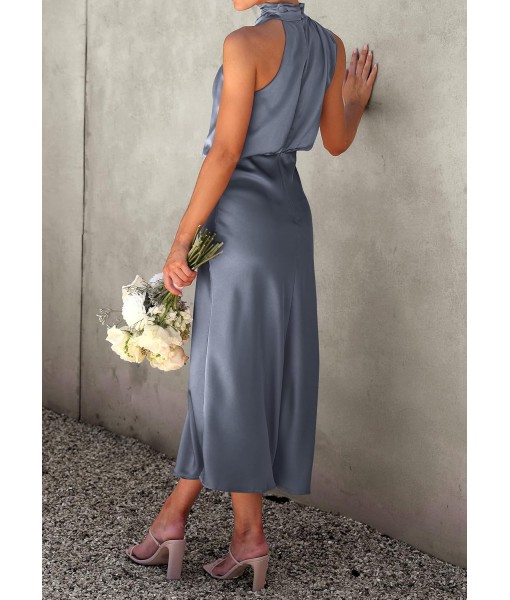 PRETTYGARDEN Women's 2025 Summer Satin Dress Elegant Sleeveless Mock Neck Cocktail Party Maxi Dresses
