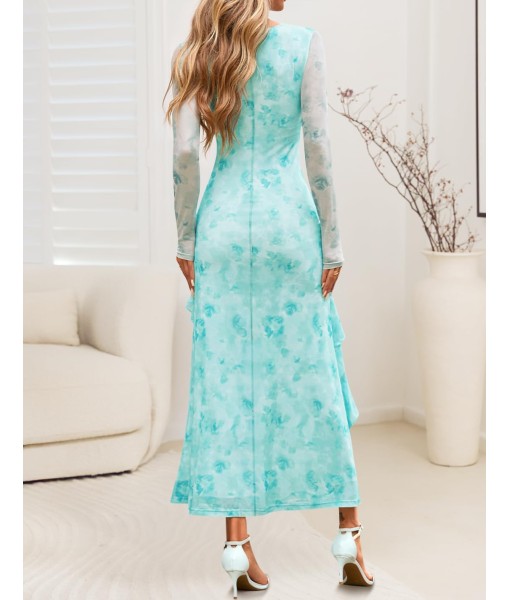 ZESICA Women's Fall Floral Long Sleeve Maxi Dress 2025 Boho Bodycon V Neck Ruffle Wedding Party Long Dresses