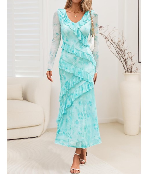 ZESICA Women's Fall Floral Long Sleeve Maxi Dress 2025 Boho Bodycon V Neck Ruffle Wedding Party Long Dresses