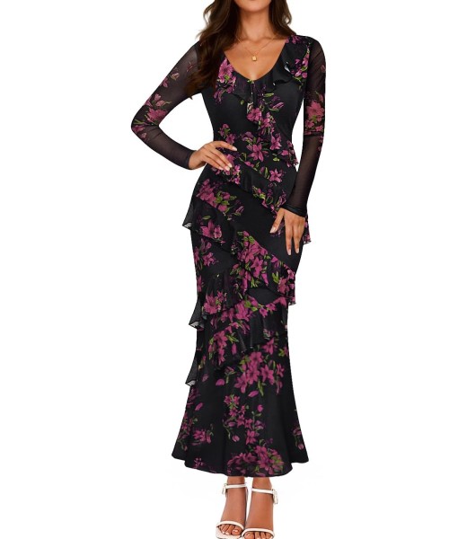 ZESICA Women's Fall Floral Long Sleeve Maxi Dress 2025 Boho Bodycon V Neck Ruffle Wedding Party Long Dresses