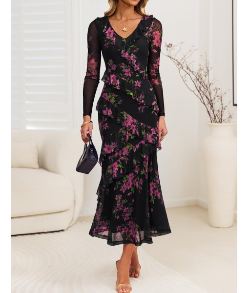 ZESICA Women's Fall Floral Long Sleeve Maxi Dress 2025 Boho Bodycon V Neck Ruffle Wedding Party Long Dresses