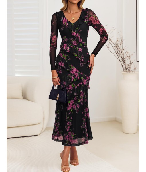 ZESICA Women's Fall Floral Long Sleeve Maxi Dress 2025 Boho Bodycon V Neck Ruffle Wedding Party Long Dresses