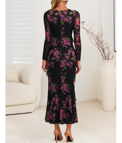 ZESICA Women's Fall Floral Long Sleeve Maxi Dress 2025 Boho Bodycon V Neck Ruffle Wedding Party Long Dresses