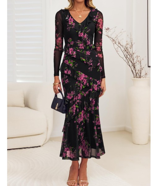 ZESICA Women's Fall Floral Long Sleeve Maxi Dress 2025 Boho Bodycon V Neck Ruffle Wedding Party Long Dresses