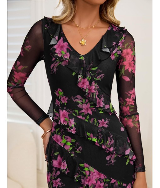 ZESICA Women's Fall Floral Long Sleeve Maxi Dress 2025 Boho Bodycon V Neck Ruffle Wedding Party Long Dresses