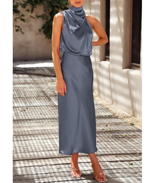 PRETTYGARDEN Women's 2025 Summer Satin Dress Elegant Sleeveless Mock Neck Cocktail Party Maxi Dresses