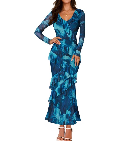 ZESICA Women's Fall Floral Long Sleeve Maxi Dress 2025 Boho Bodycon V Neck Ruffle Wedding Party Long Dresses