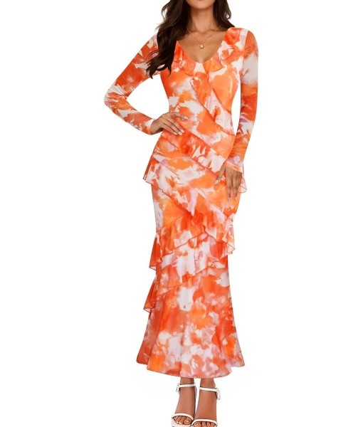 ZESICA Women's Fall Floral Long Sleeve Maxi Dress 2025 Boho Bodycon V Neck Ruffle Wedding Party Long Dresses