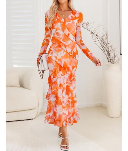 ZESICA Women's Fall Floral Long Sleeve Maxi Dress 2025 Boho Bodycon V Neck Ruffle Wedding Party Long Dresses