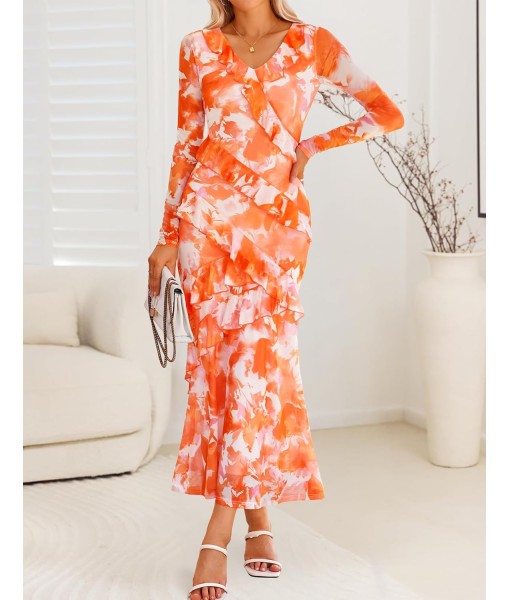 ZESICA Women's Fall Floral Long Sleeve Maxi Dress 2025 Boho Bodycon V Neck Ruffle Wedding Party Long Dresses