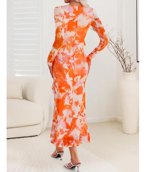 ZESICA Women's Fall Floral Long Sleeve Maxi Dress 2025 Boho Bodycon V Neck Ruffle Wedding Party Long Dresses