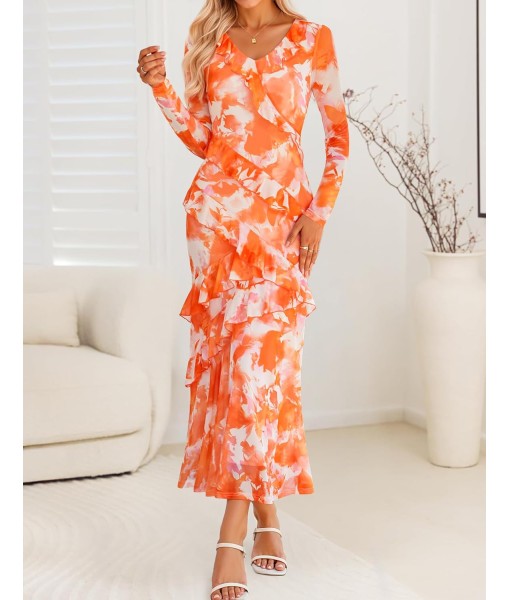 ZESICA Women's Fall Floral Long Sleeve Maxi Dress 2025 Boho Bodycon V Neck Ruffle Wedding Party Long Dresses
