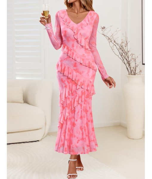 ZESICA Women's Fall Floral Long Sleeve Maxi Dress 2025 Boho Bodycon V Neck Ruffle Wedding Party Long Dresses