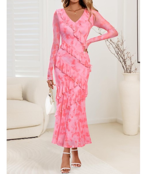 ZESICA Women's Fall Floral Long Sleeve Maxi Dress 2025 Boho Bodycon V Neck Ruffle Wedding Party Long Dresses