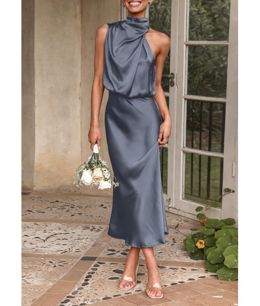 PRETTYGARDEN Women's 2025 Summer Satin Dress Elegant Sleeveless Mock Neck Cocktail Party Maxi Dresses