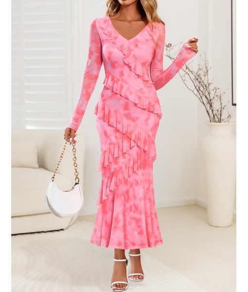 ZESICA Women's Fall Floral Long Sleeve Maxi Dress 2025 Boho Bodycon V Neck Ruffle Wedding Party Long Dresses